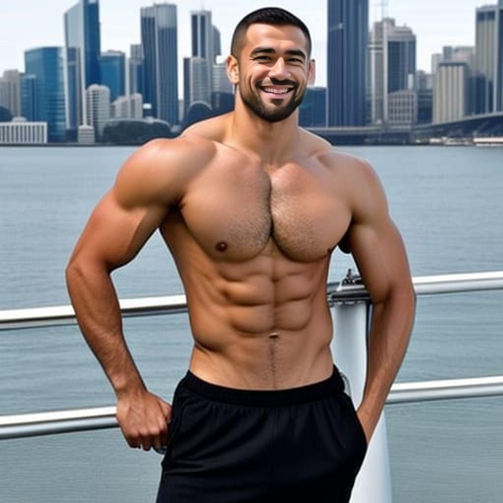 Muscular Man on Sydney Bridge in Expressionist Style