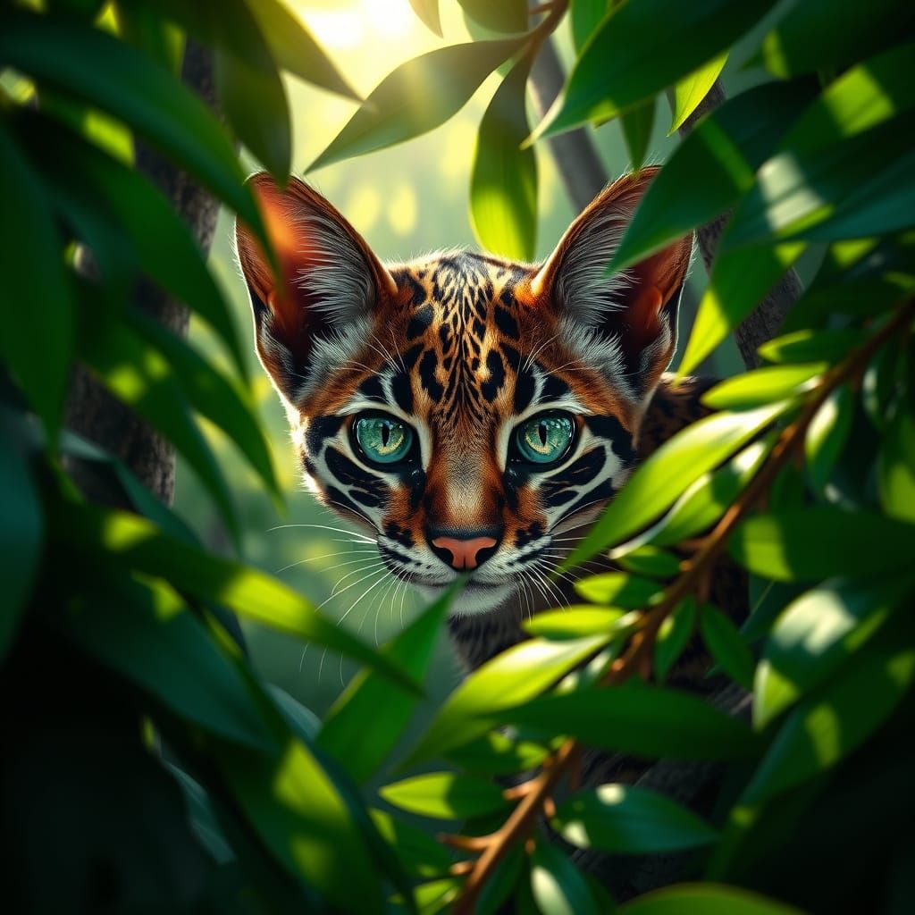 Margay Peeking from Lush Jungle Shadows