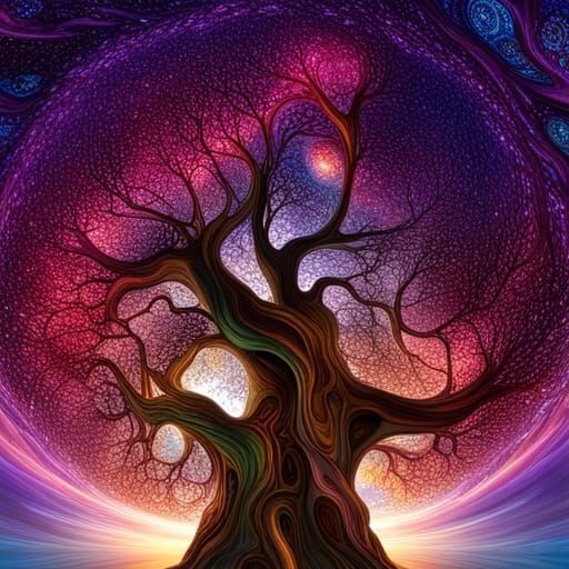 Surreal Blossom Tree with Cosmic Sky