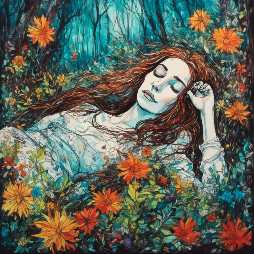 Woman Sleeping in Forest: Surreal Illustration