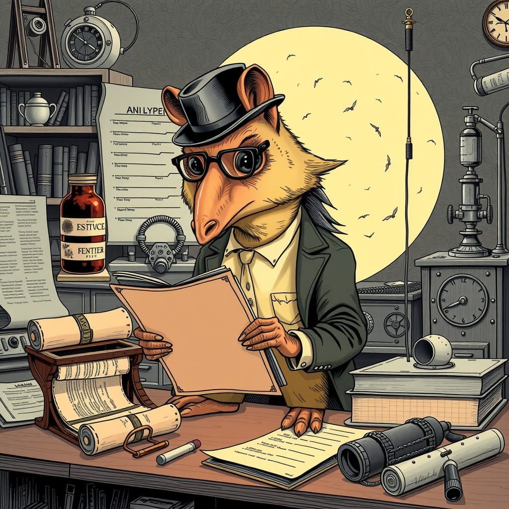 Aardvark in Bowler Hat Inspects Portfolio, Line Drawing Styl...