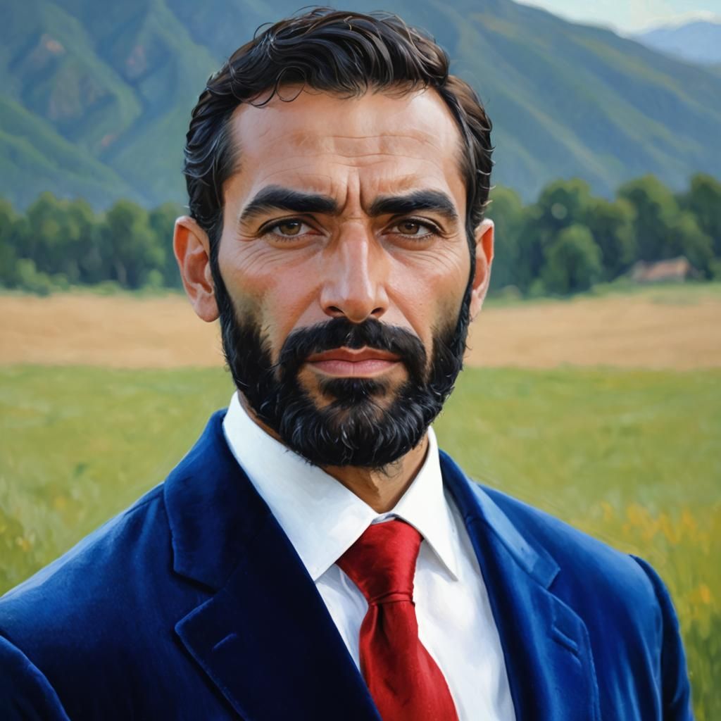 Iranian Man in Velvet Suit, Neo-Impressionist Portrait