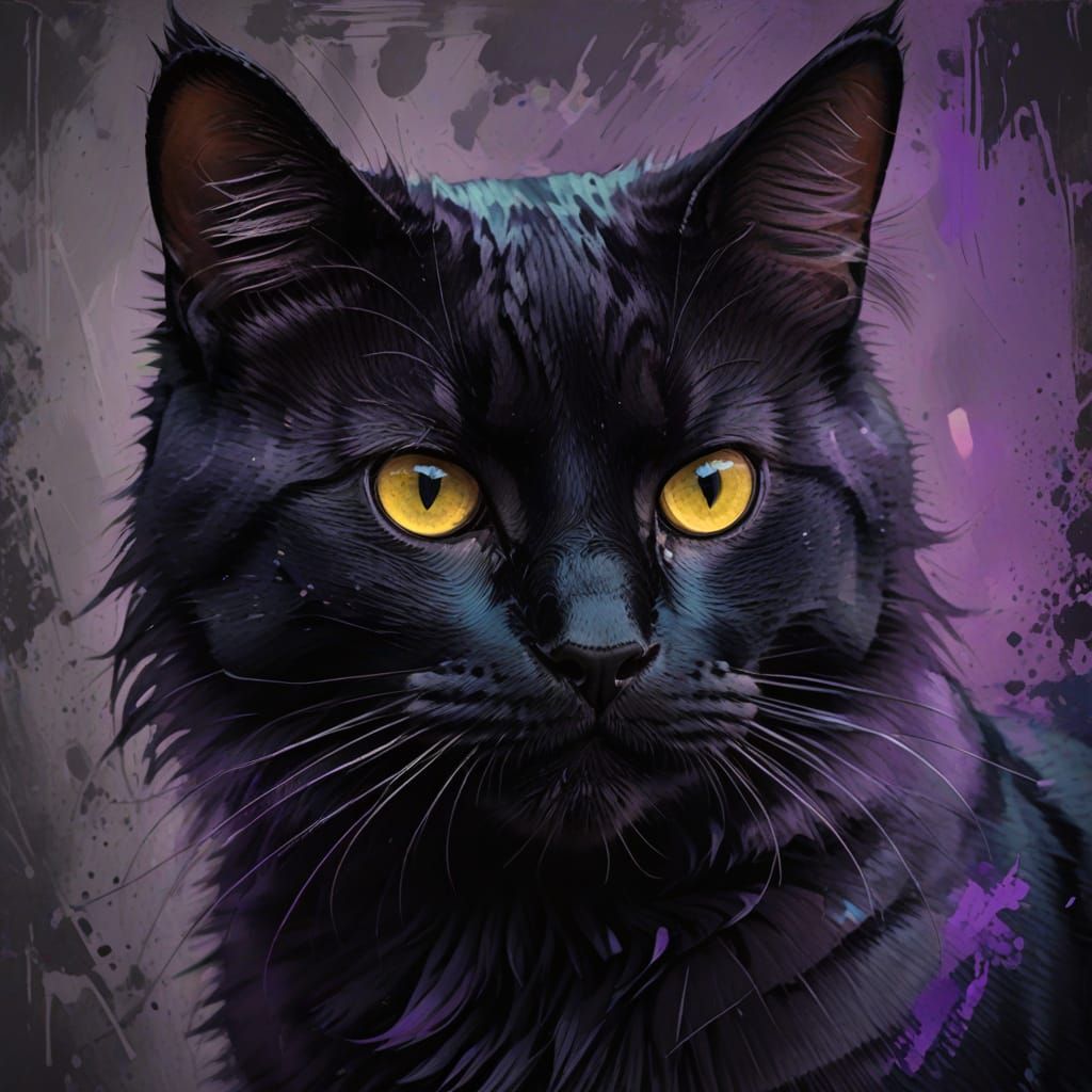 Moody Black Cat Portrait in Fauvist Expressionism