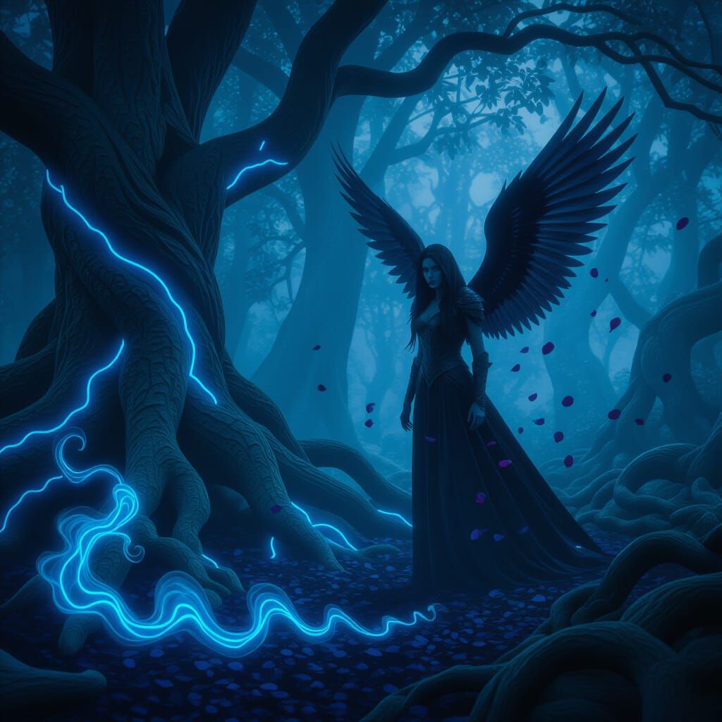 Fantasy Forest at Night with Glowing Roots and Winged Figure