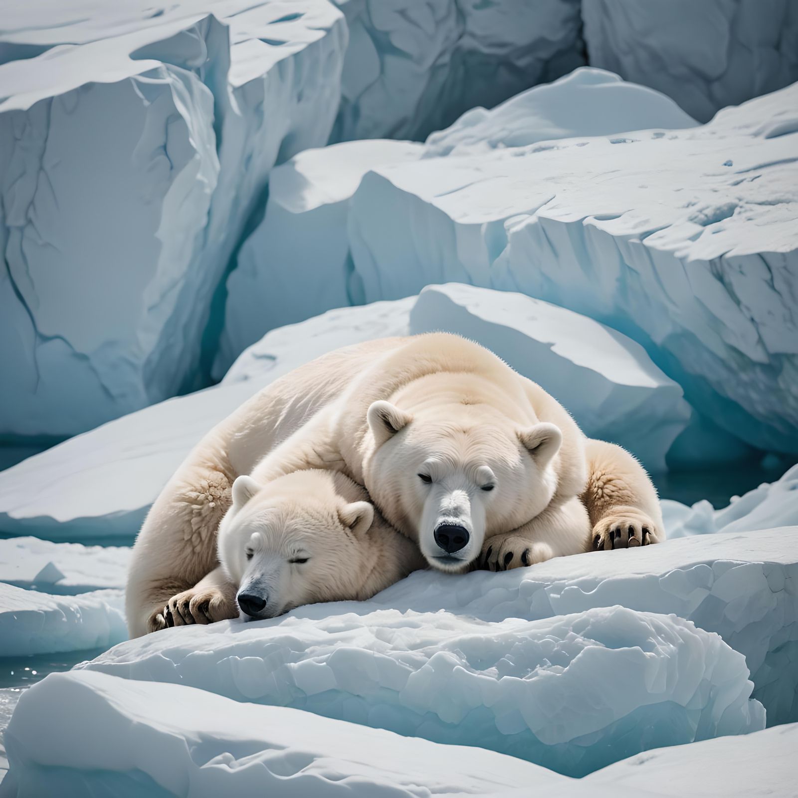 A deep detail realistic image of white snow bear sleeping on...
