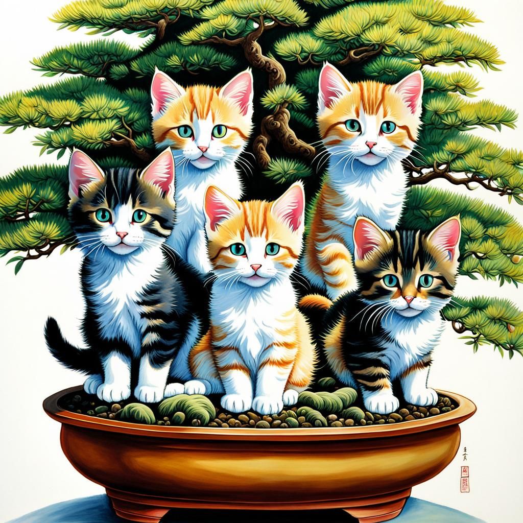 Kittens and Bonsai Trees in Pastel Painting