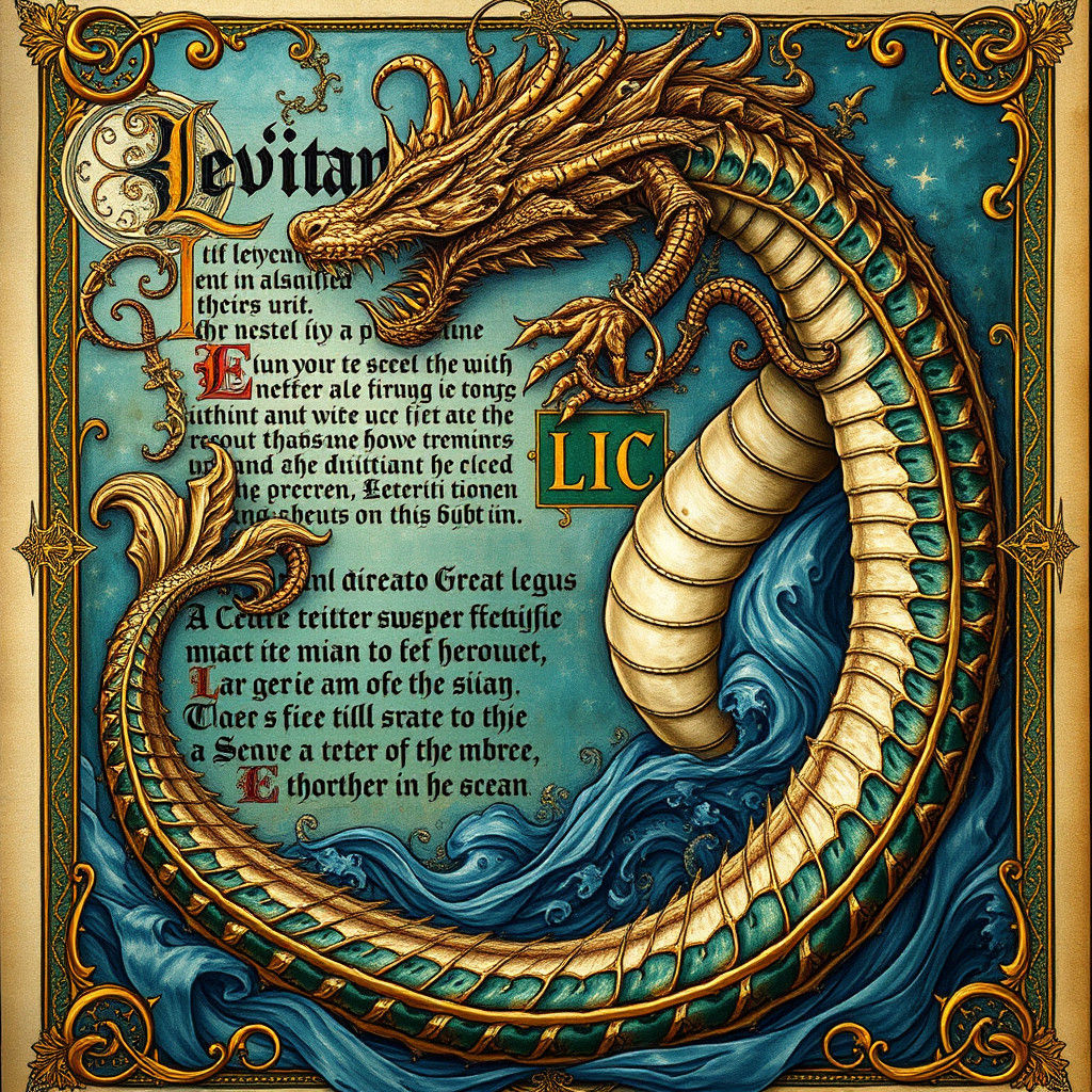 medieval manuscript page of mythical sea serpent demon Levia...