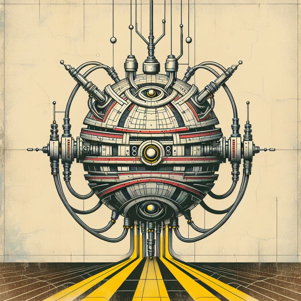 Mechanical Robot Illustration on Cream Background