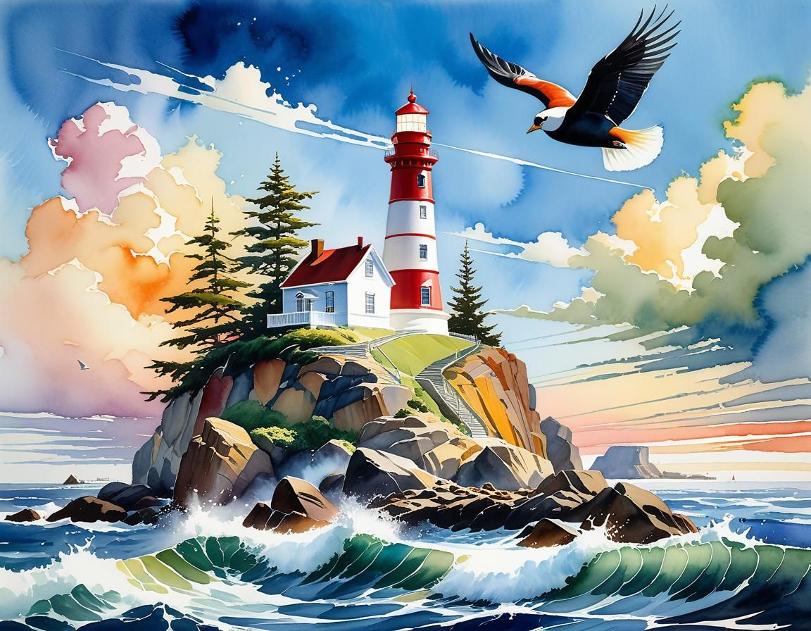 Coastal Lighthouse in Gouache Style, Sunny Morning