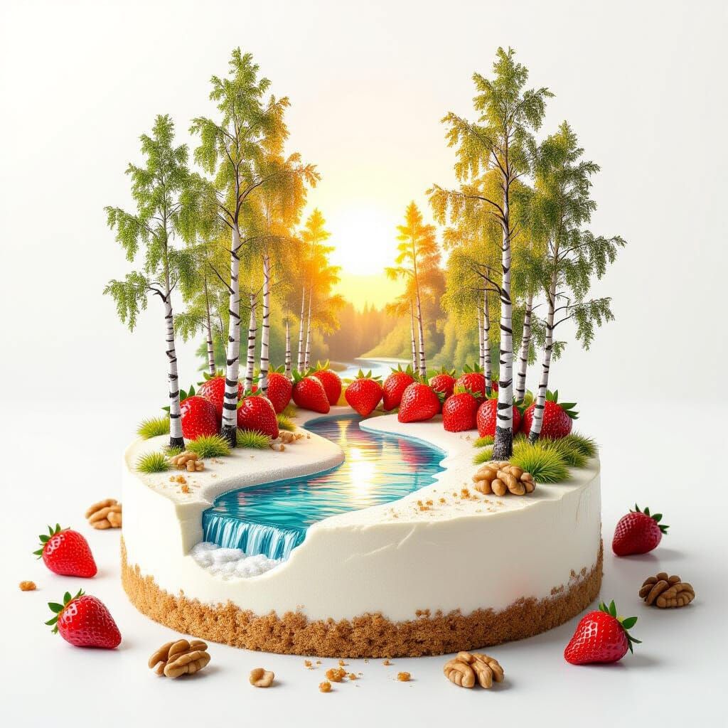 Strawberry Cake Summer Landscape in Double Exposure