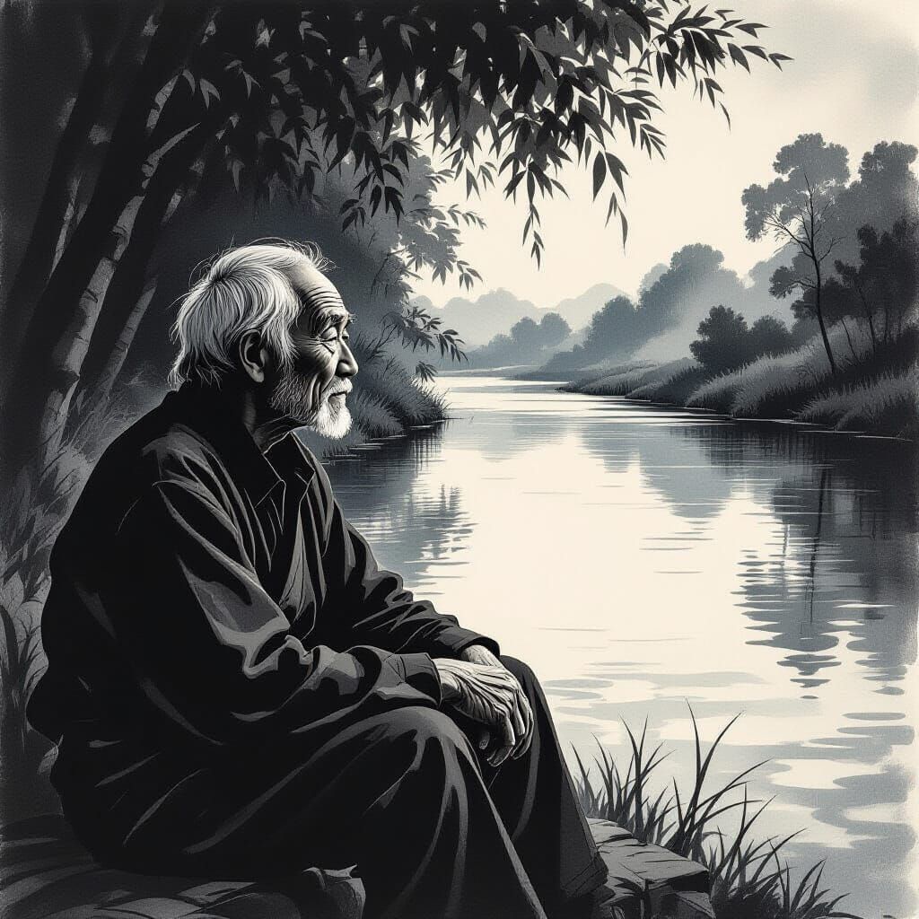 Elderly Man by River in Chiaroscuro Monochromatic Style