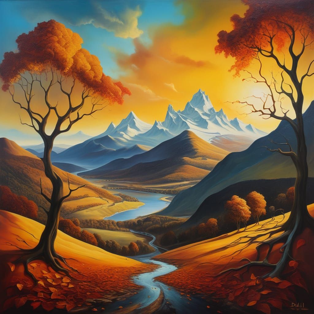 Surreal Autumn Mountain Valley Overlook Oil Painting