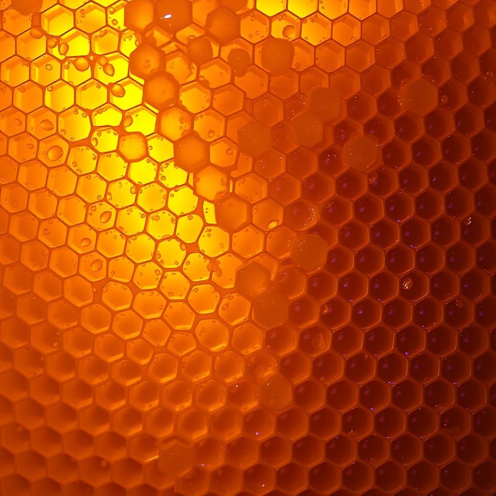 Golden Honeycomb Cells Overflow with Warm Honey in Realistic...