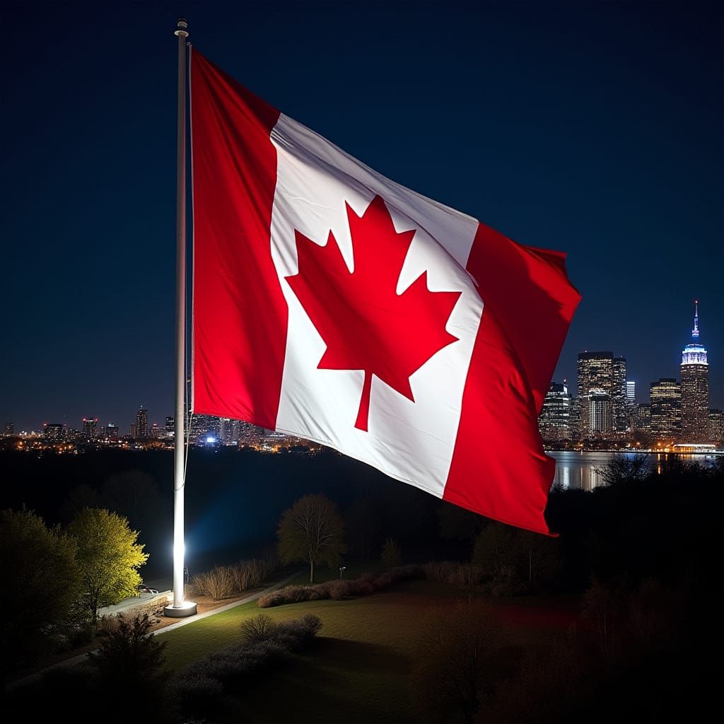 Giant Canadian Flag at Night in Dramatic Drone Perspective