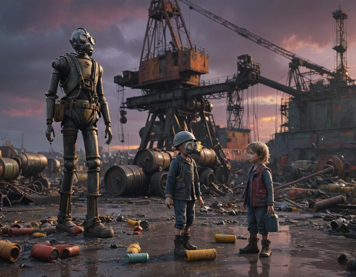 Dieselpunk Kids Playing Near Industrial Port Crane