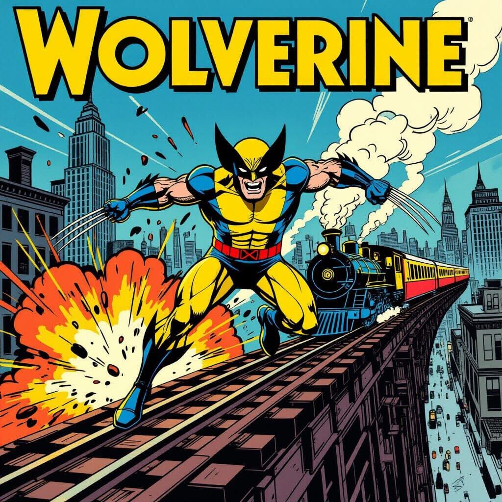 Wolverine Leaps Onto Train in 1920s Pop Art Metropolis