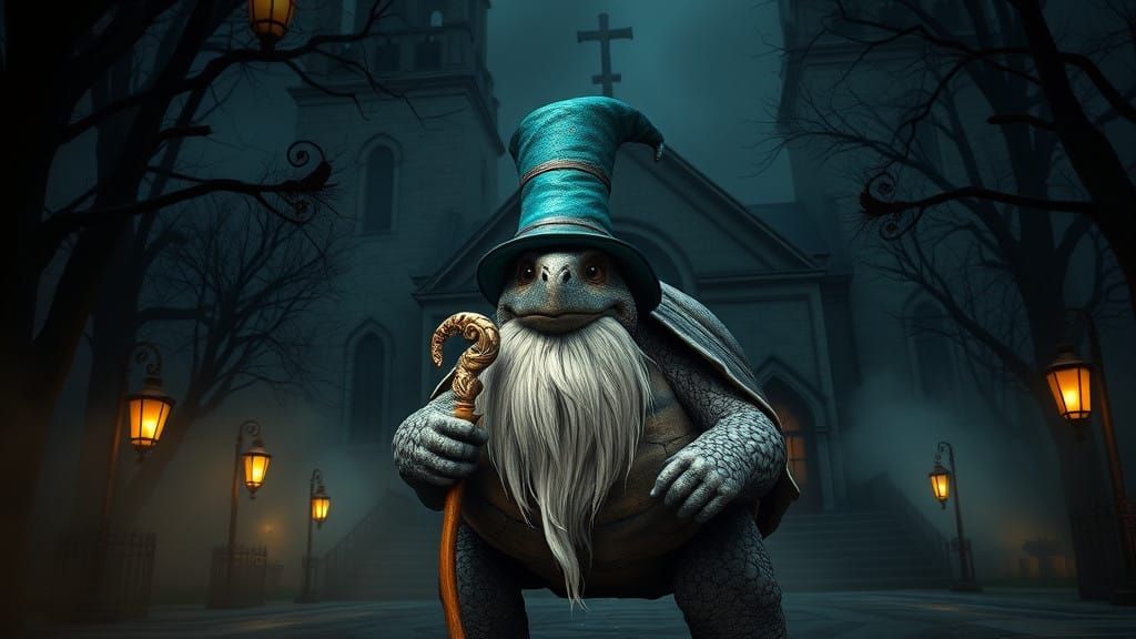 A Wise Tortoise in Majestic Top Hat Stands Before a Mystical...