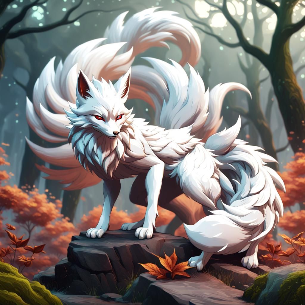 Majestic Nine-Tailed Fox in Detailed Digital Painting