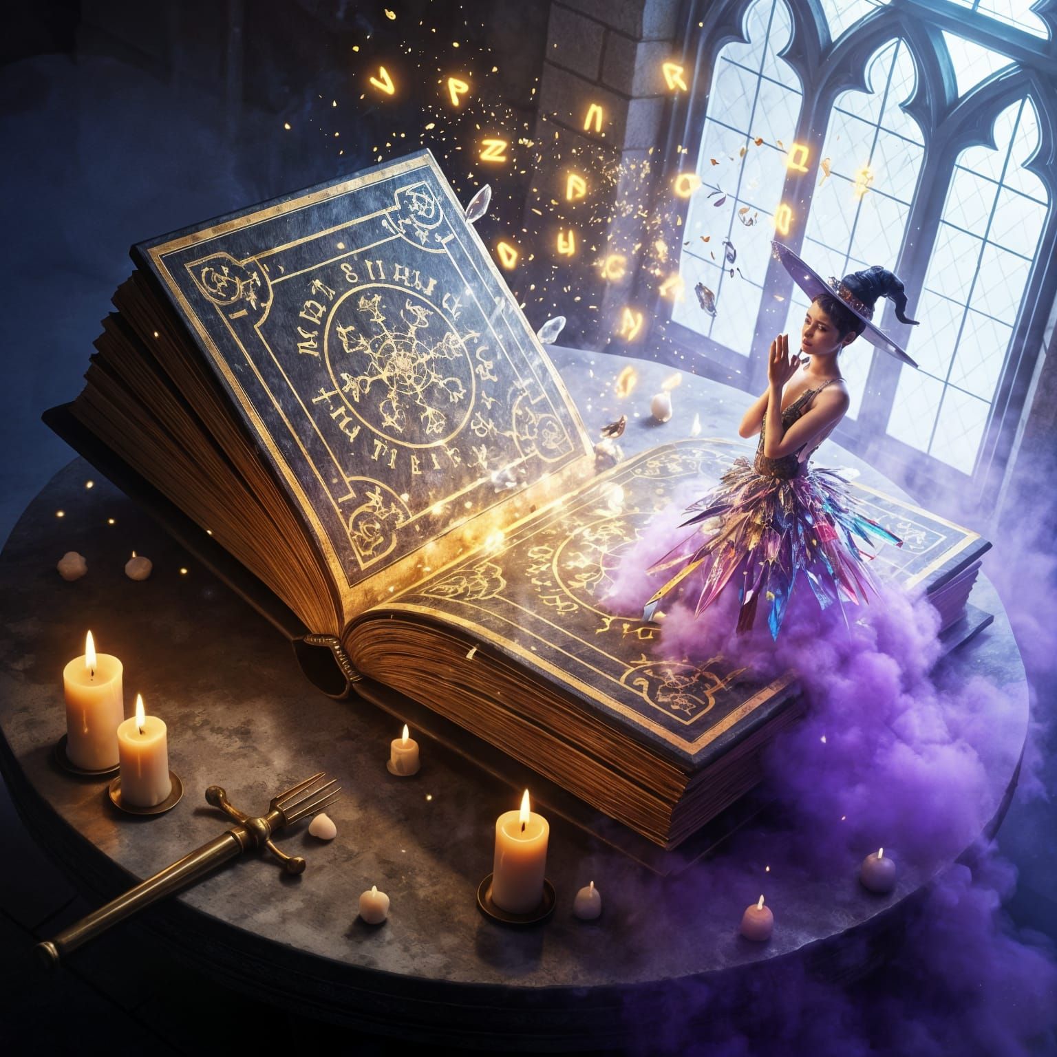 Witch in Glass Dress Emerges from Ancient Spellbook