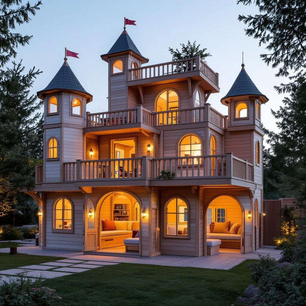 Luxury Wooden Playhouse with Towers and Bridges