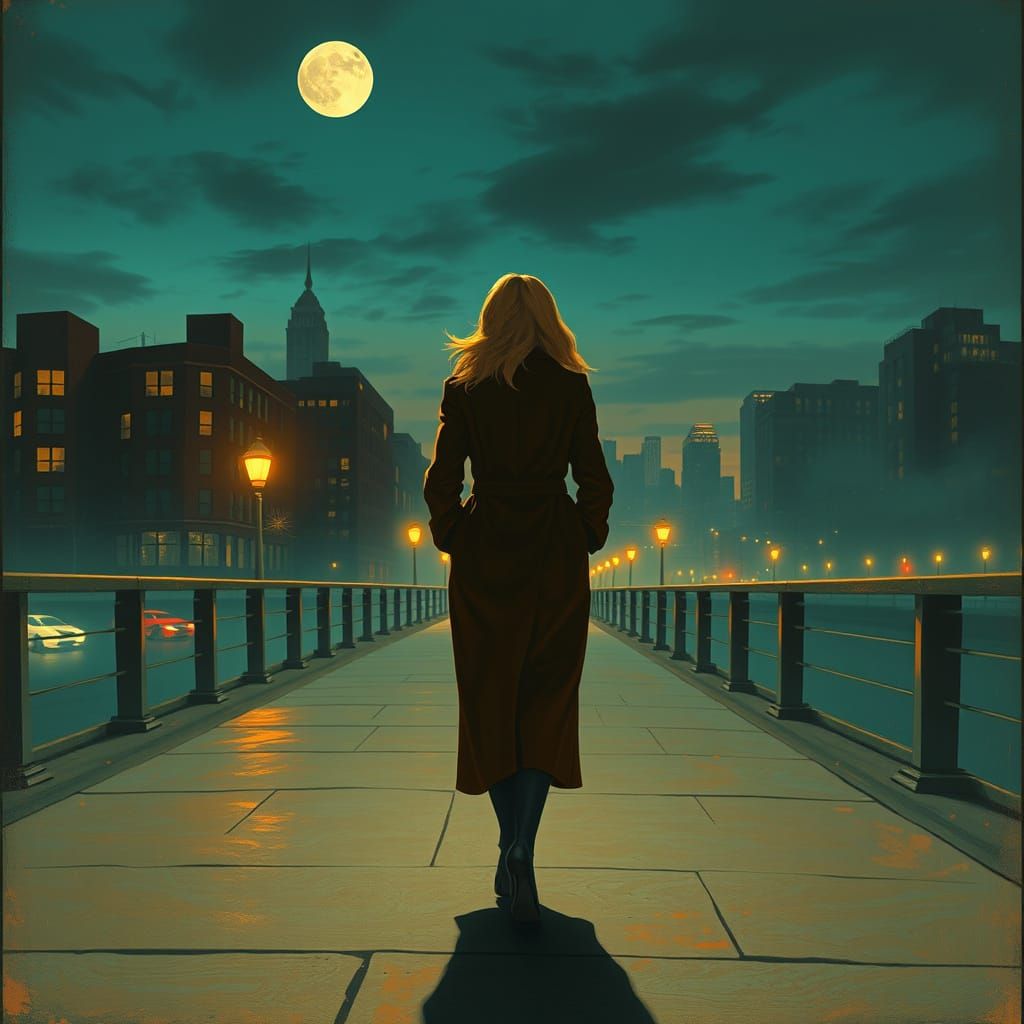 Mysterious Woman Walking at Dusk in Surreal Style