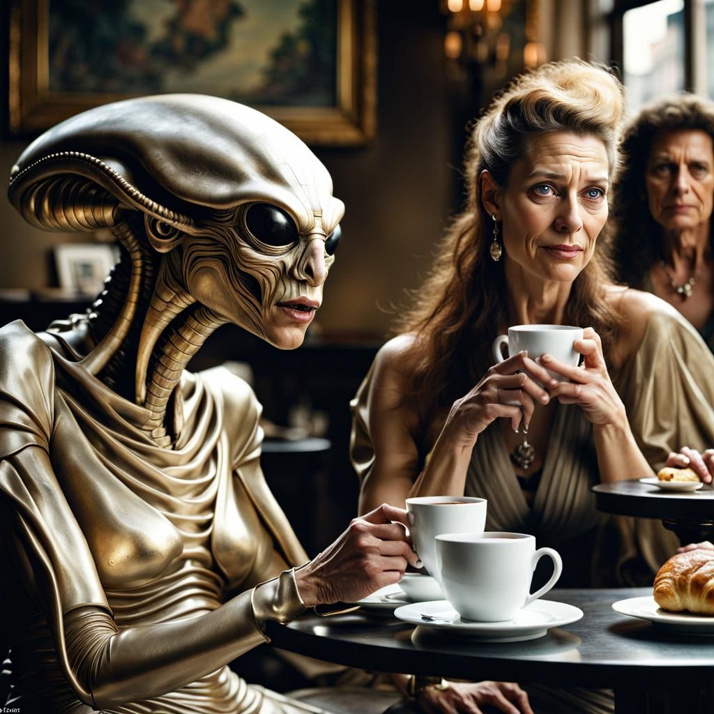 Beautiful Alien Woman in Cafe: Photorealistic Portrait