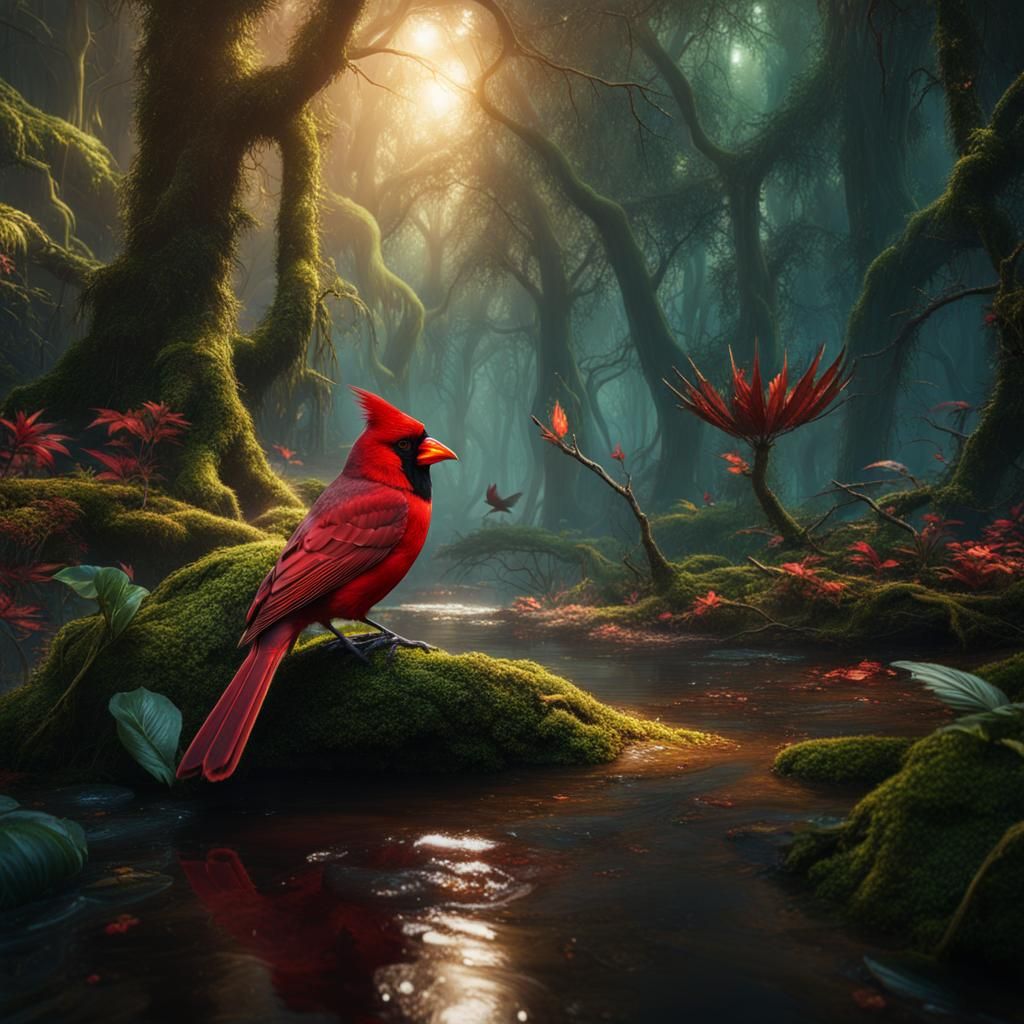 Cardinal Bird in Wet Forest: Detailed Matte Painting