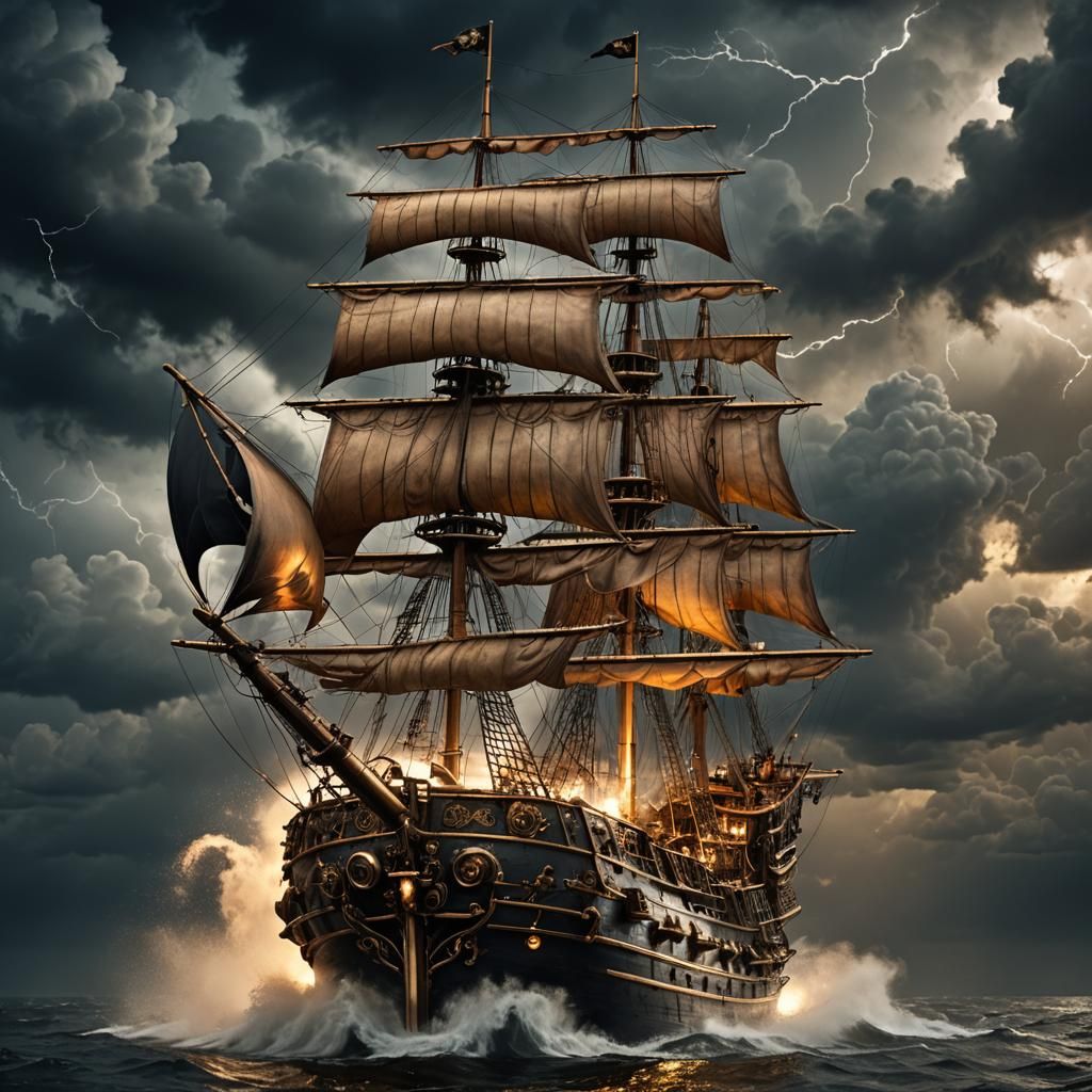 Steampunk Pirate Ship Amidst a Stormy Night
