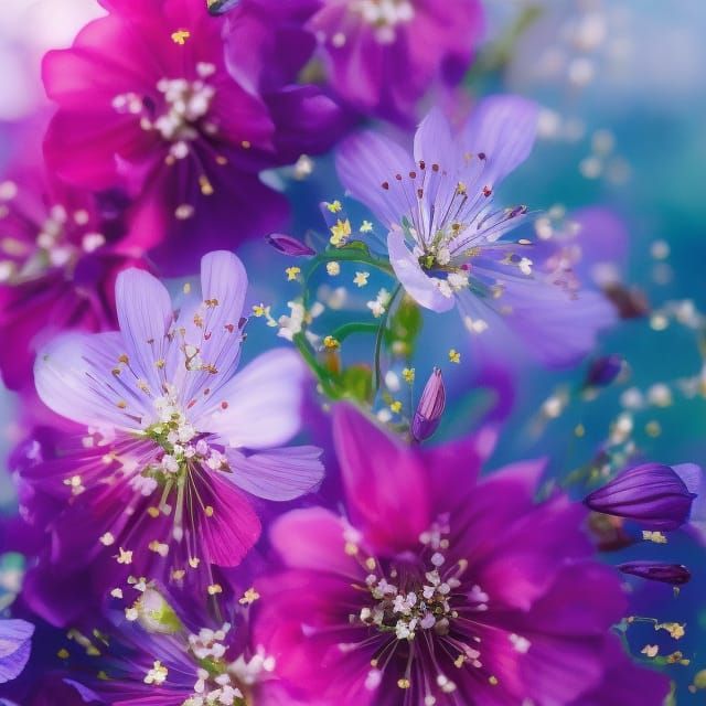 Larkspur Flower Glitter Splash Art in Japanese Style