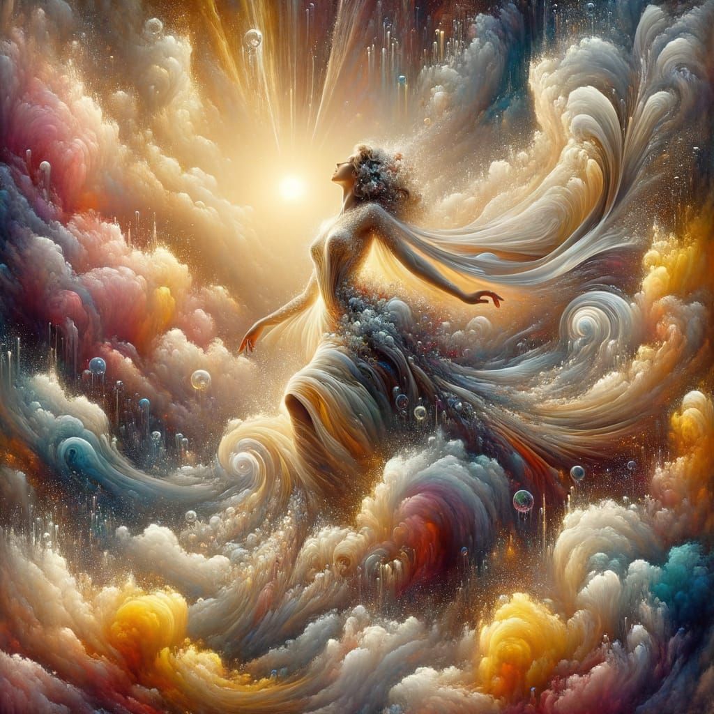 Ethereal Woman in Champagne Bubbles: Hyperreal CG Art