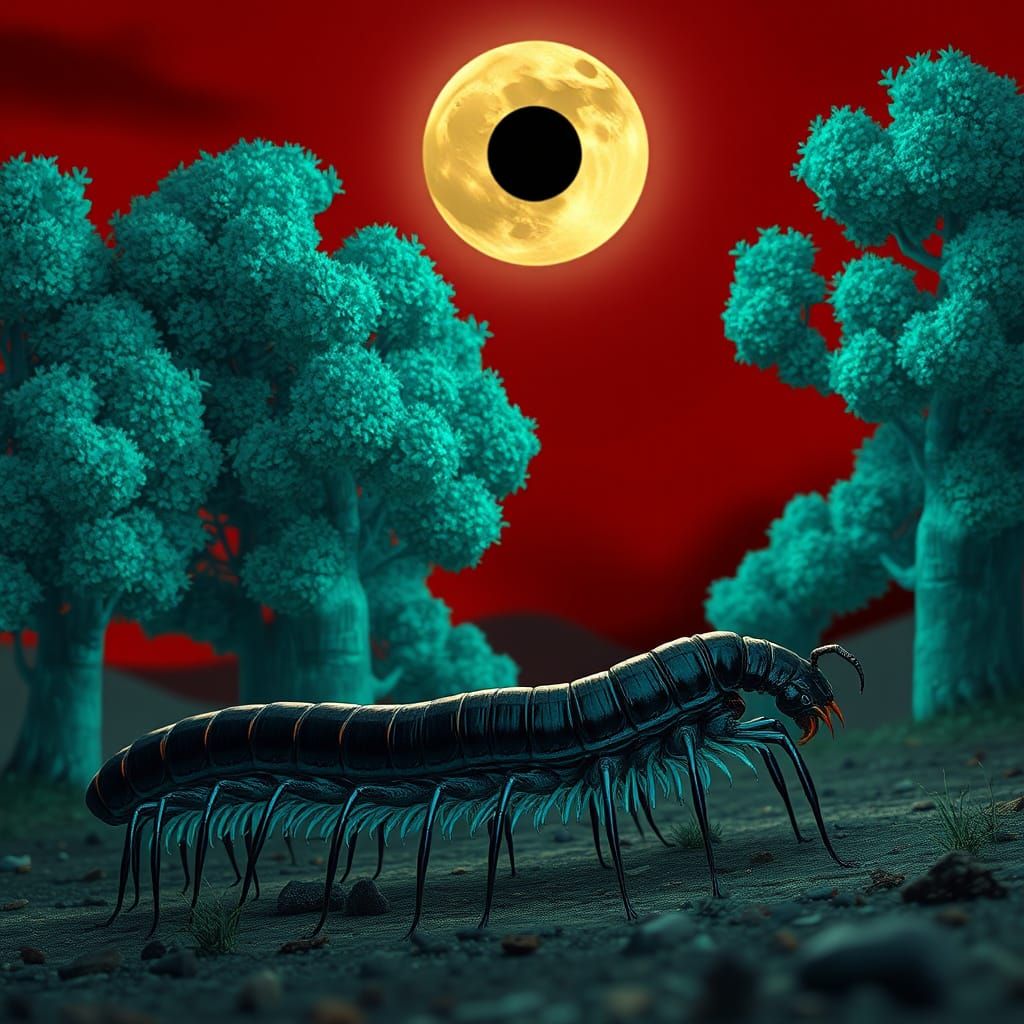 Iridescent Centipede Walking Near Gigantic Glowing Trees