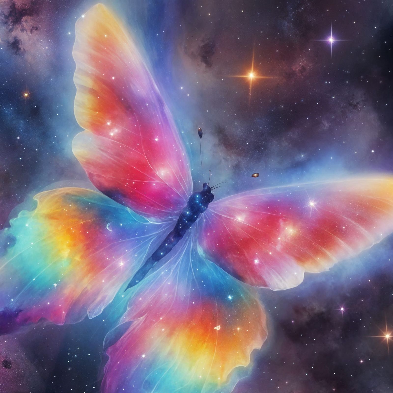 Ethereal Cosmic Butterflies in Space Watercolor Art
