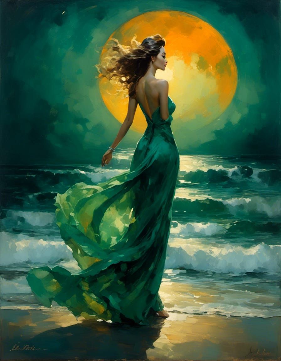 Woman in Billowing Dress on Beach at Night
