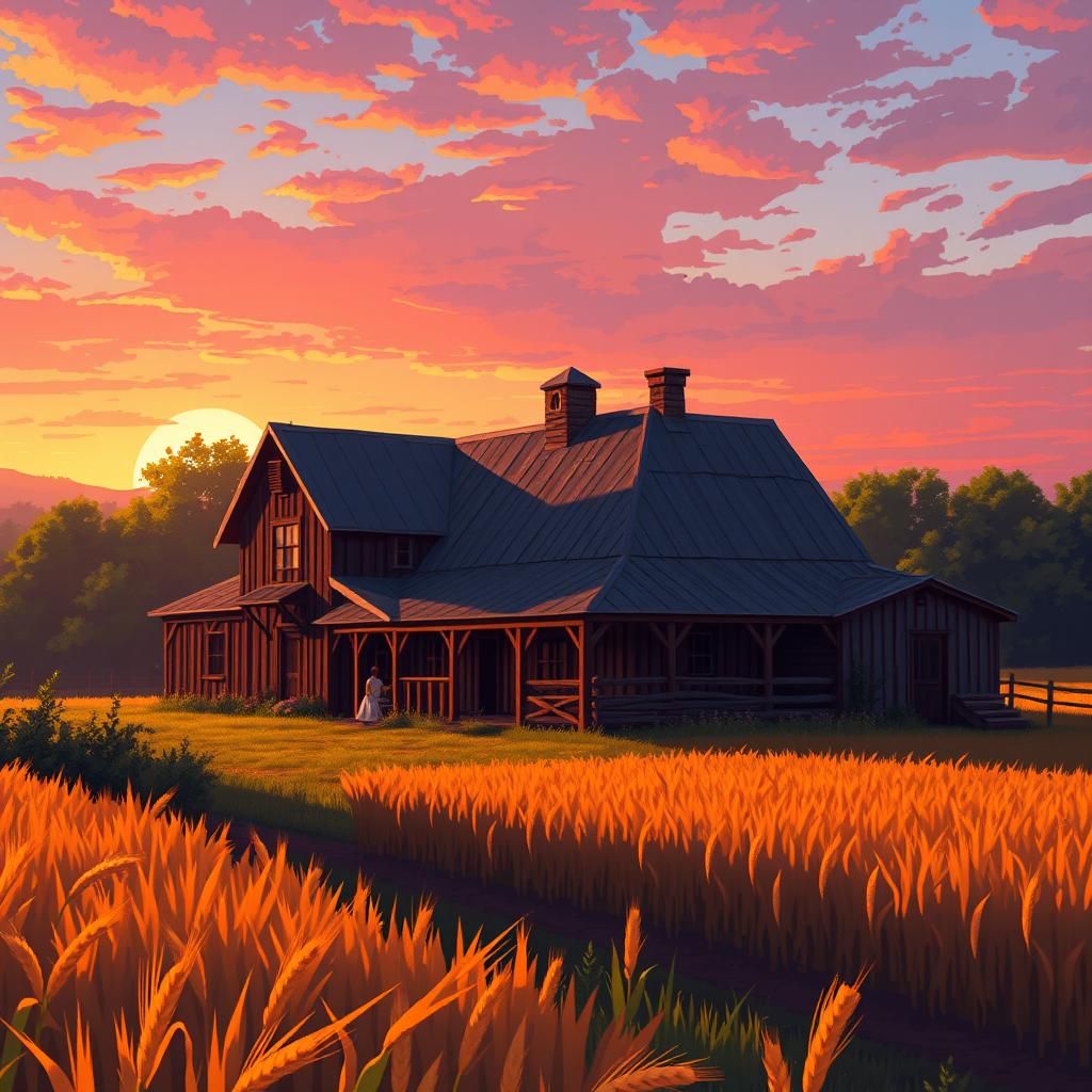 Pixel Art Farmhouse at Sunset