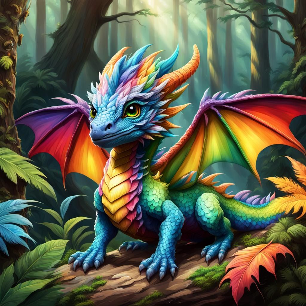 Rainbow Feathered Dragon in Peaceful Forest