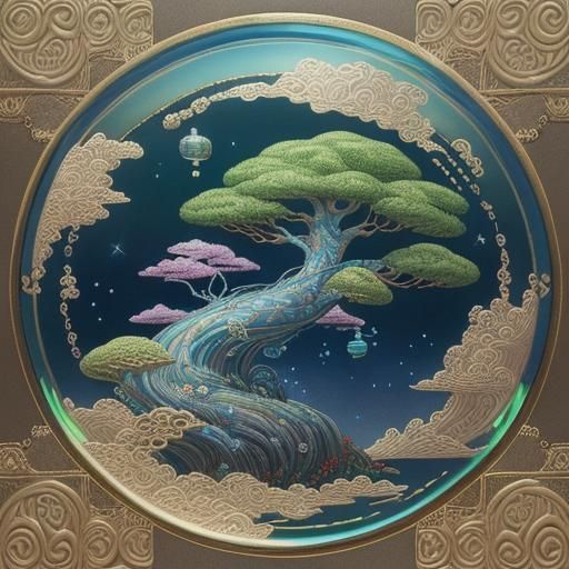 Holographic Clouds over Bonsai Landscape, Dreamlike 3D Rende...