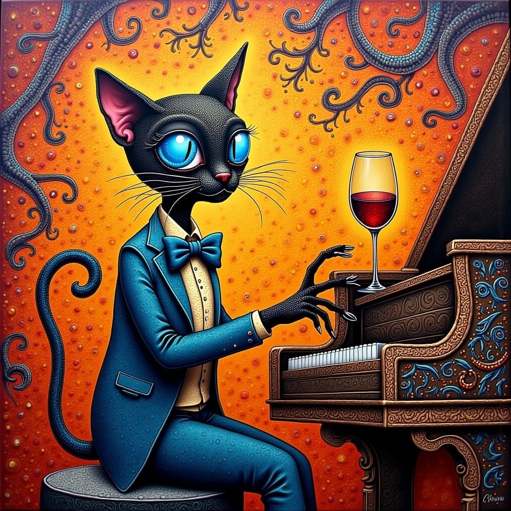 Surreal Siamese Cat Plays Piano, Folk Art Style