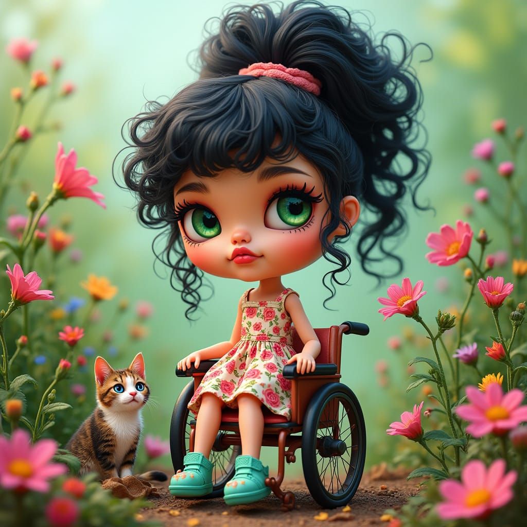 Whimsical Garden Scene with Doll-like Figure