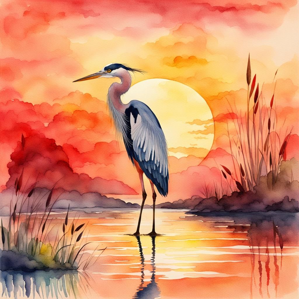 Watercolor Heron at Sunset Illustration