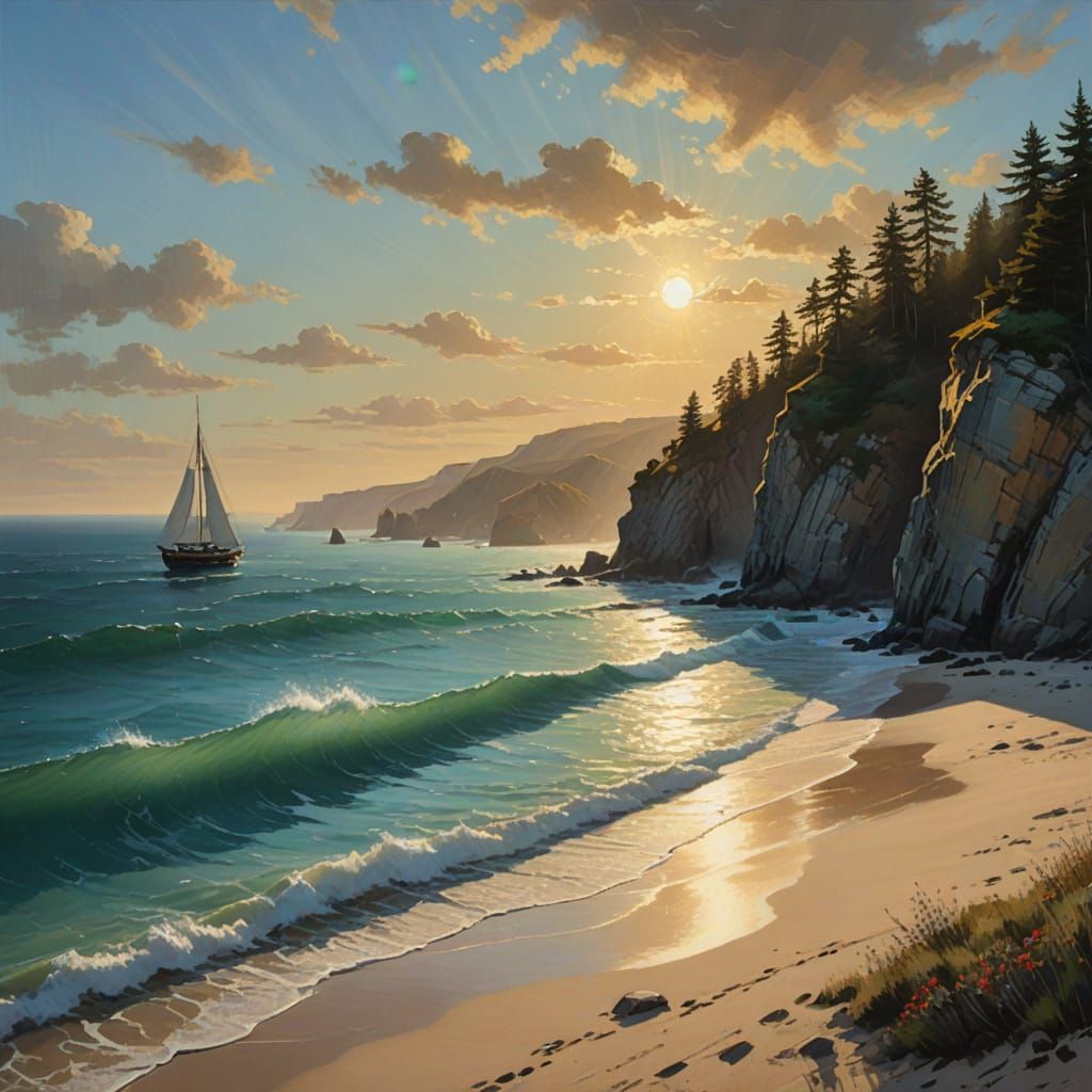 Coastal Sunset: Photorealistic Seascape with Turquoise Sea