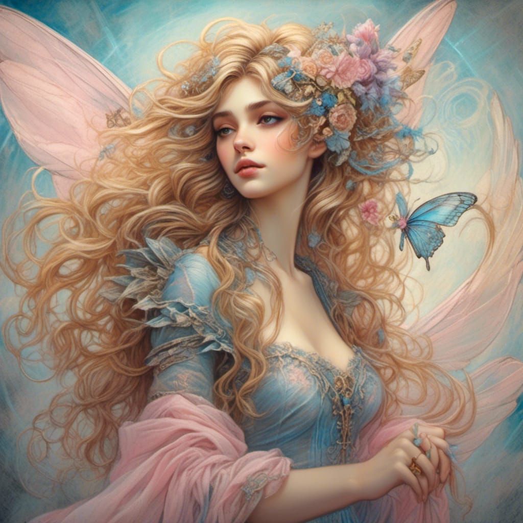 Beautiful fairy with gossamer wings, flower ring intertwined in cascading golden locks of hair, and wearing a pastel pin...