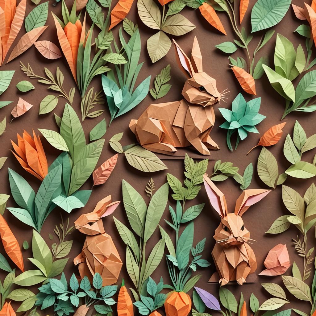 Origami Bunny in Garden, Soft Pastel Watercolor