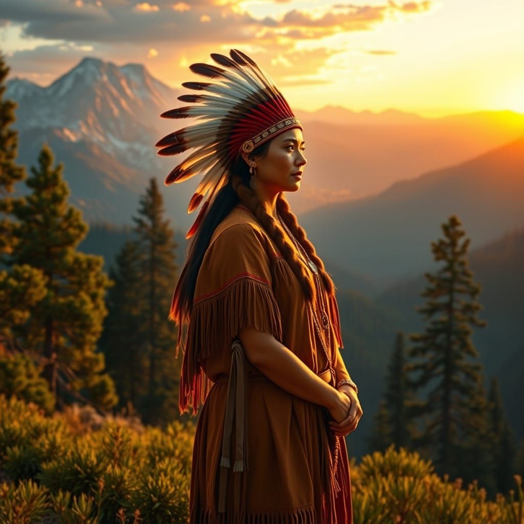 Sierra Nevada Landscape with Native American Woman