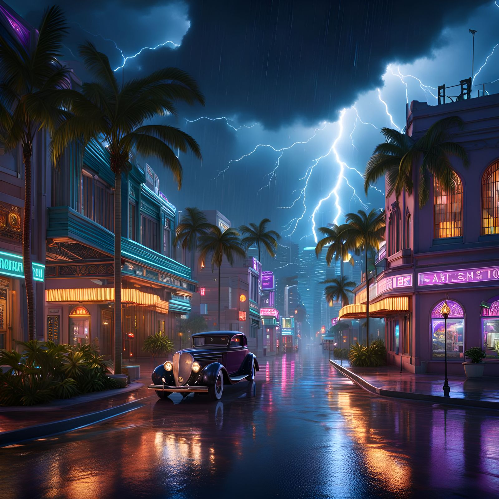 Miami Art Deco District in Rainstorm