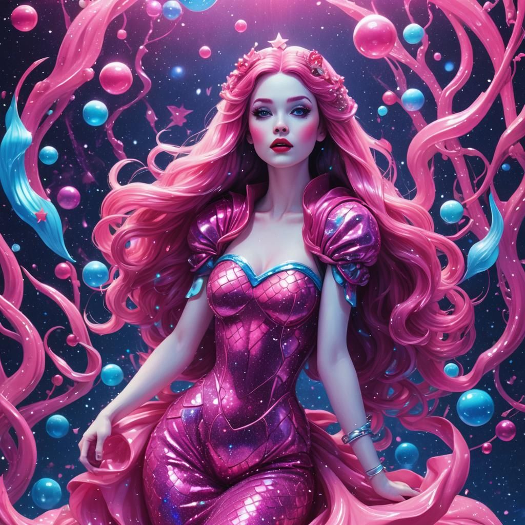 Snow White Space Mermaid in Synthwave Neon Style