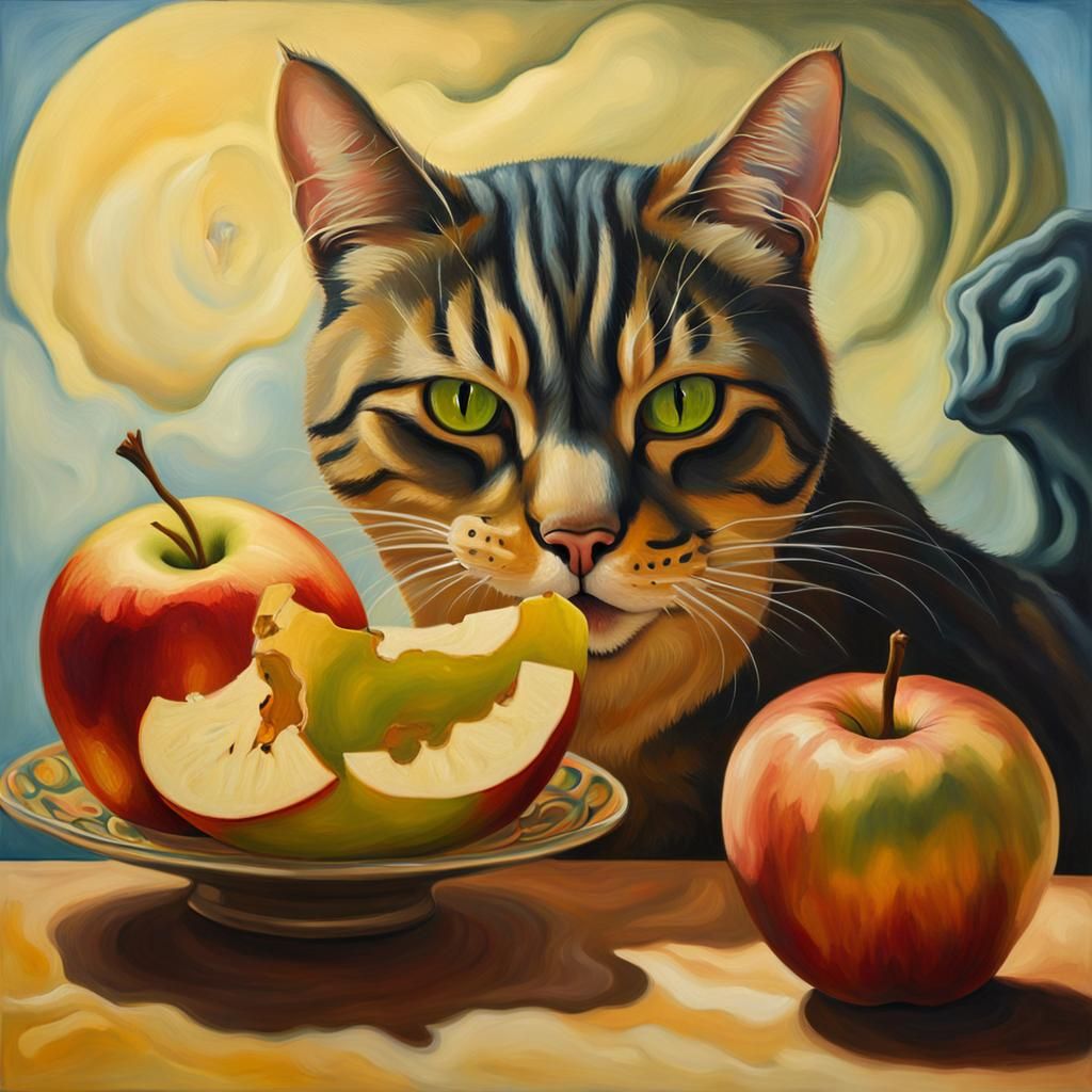 Surreal Cat Bites Apple: Dreamlike Oil Painting
