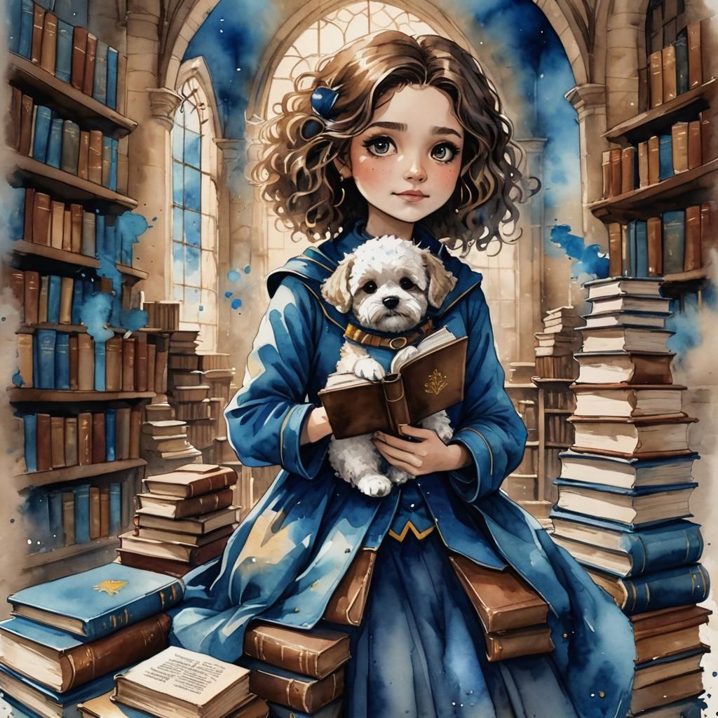 Magical Ravenclaw Student with Maltipoo, Watercolor Art