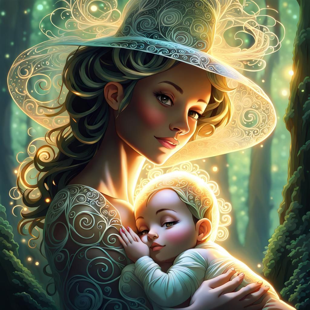 Magical Mother and Baby in Forest Arbor
