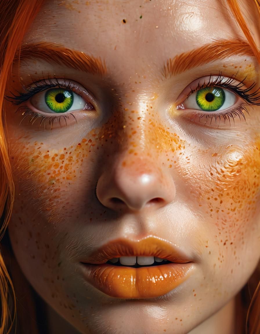 Orange-Haired Woman with Citrus Makeup in Illustrative Reali...