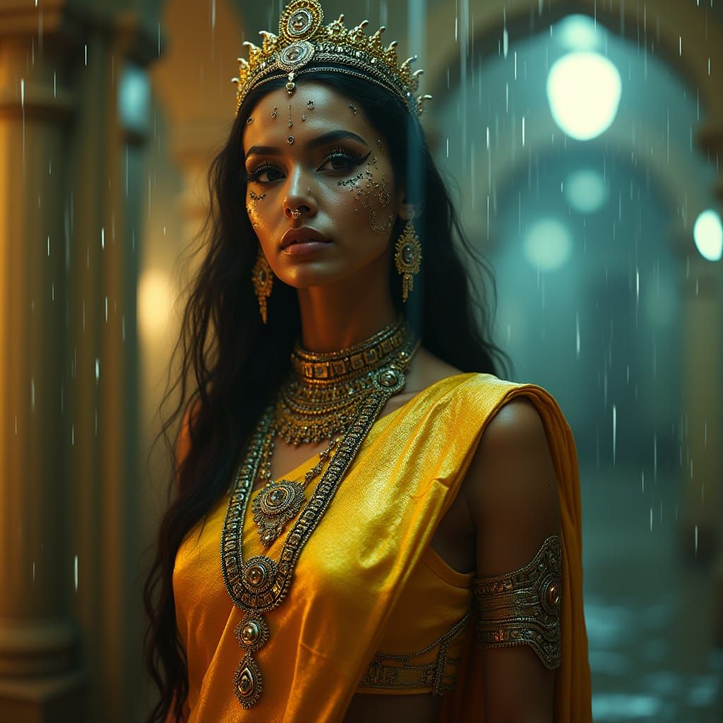 Cyborg Queen in Neon Temple with Traditional Makeup